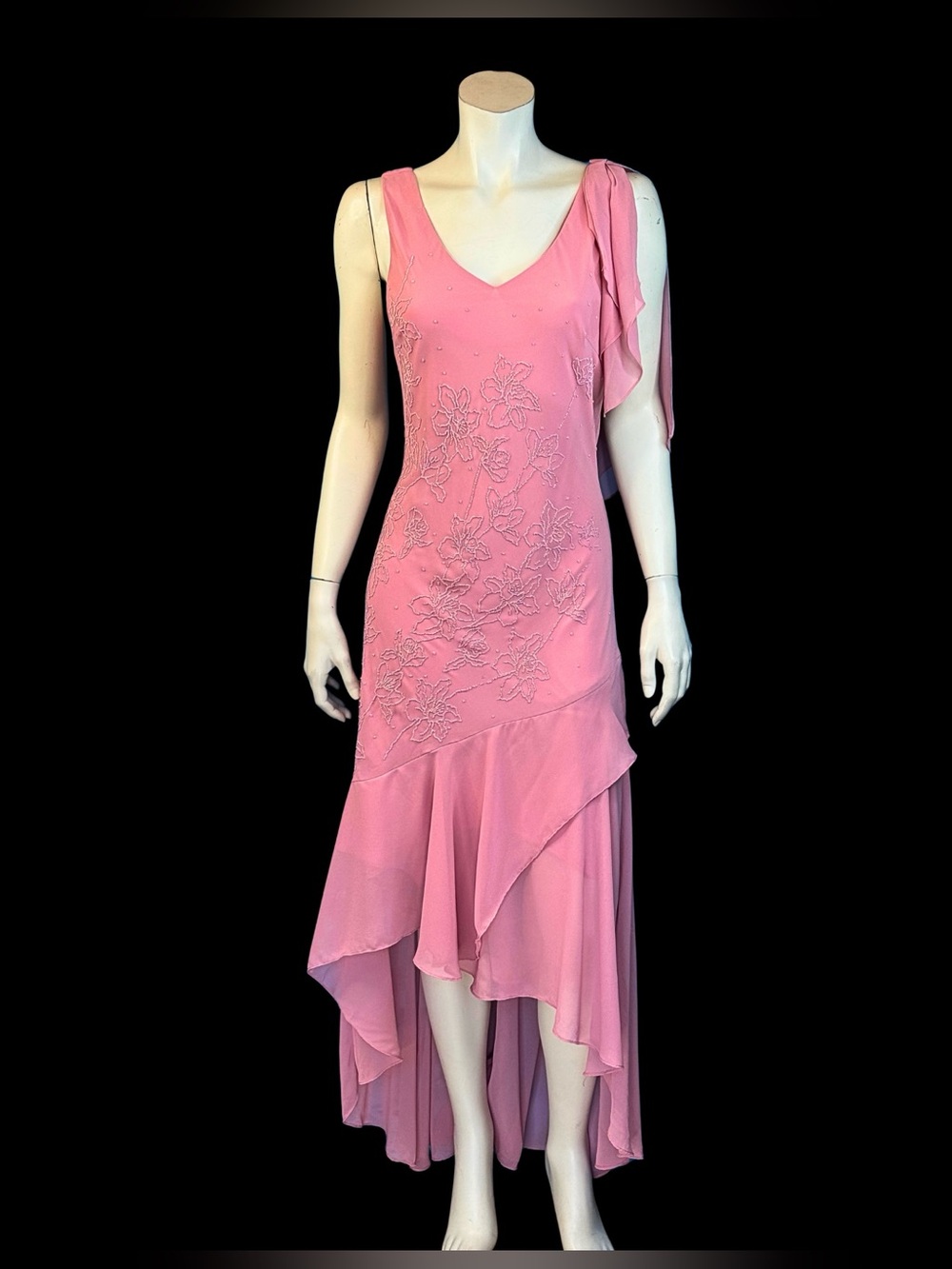 90s Y2K Pink Beaded Romantic Fairycore Handkerchief Hem Dress | M L